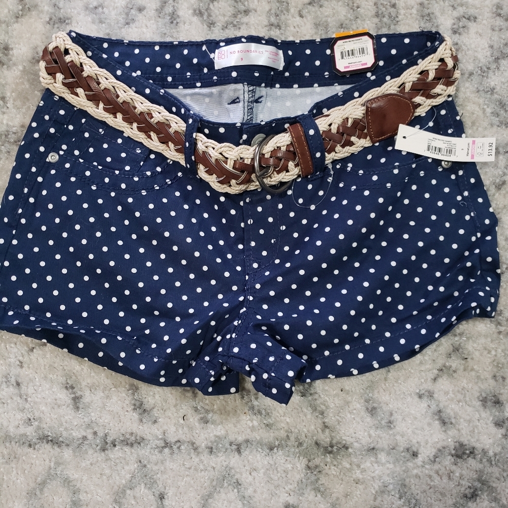 No Boundaries Belted Navy Blue White Polka dot Shorts Size 9